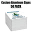A stack of custom aluminum park entrance signs on a white background, with large text at the top reading 'Custom Aluminum Signs 50 PACK'. The top sign shows the Riverside Outdoors logo and the text 'Trail Maps & Information Park Entrance'.