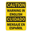 Custom bilingual safety sign template featuring a yellow and black Caution header, reading Warning Warning In English and Cuidado Mensaje En Español in bold black text.
