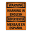 Custom bilingual safety sign template featuring an orange Warning header, reading Warning Warning In English and Advertencia Mensaje En Español in bold black text.