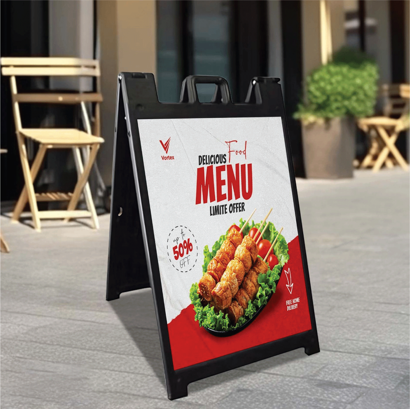 Custom black plastic Signicade Deluxe A-frame sidewalk sign featuring a restaurant poster for a Delicious Menu Limited Offer with a 50 percent off burst graphic.