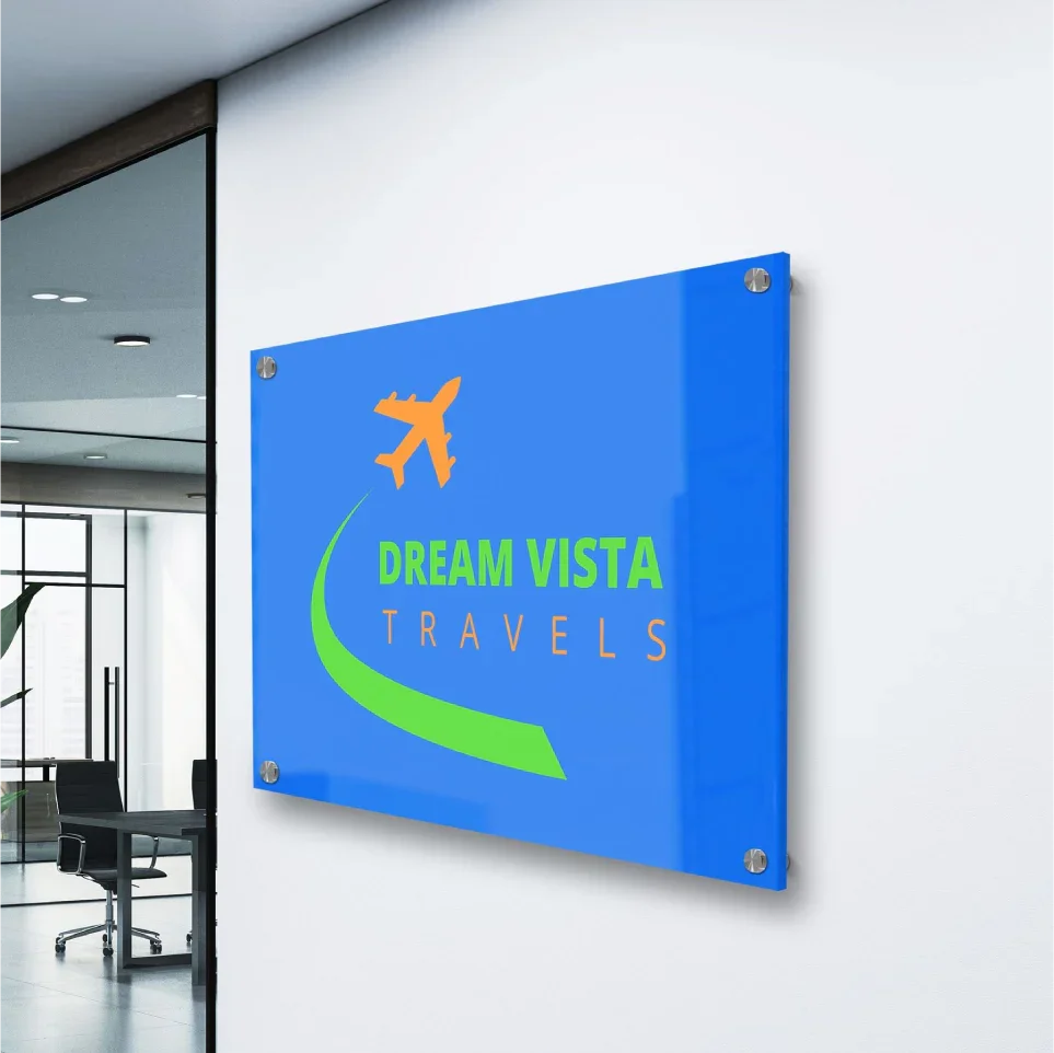 Custom full color blue acrylic business sign with travel agency logo.