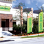 Custom green outdoor advertising flags for businesses mounted on a sidewalk landscape area.