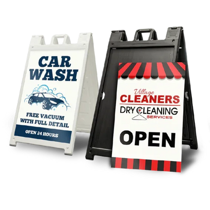 Two portable plastic A-frame signs for business, one white car wash sign and one black dry cleaners open sign.
