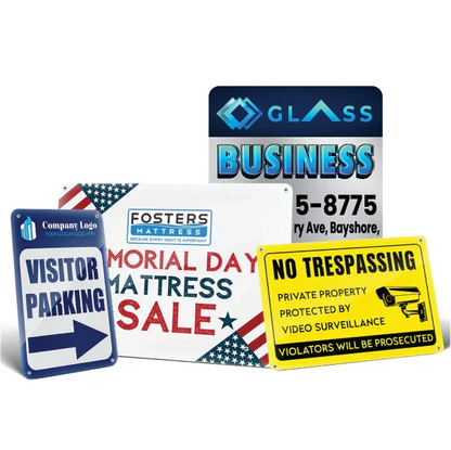 A collection of custom business signs including directional parking, holiday sale banners, and yellow no trespassing security signs.