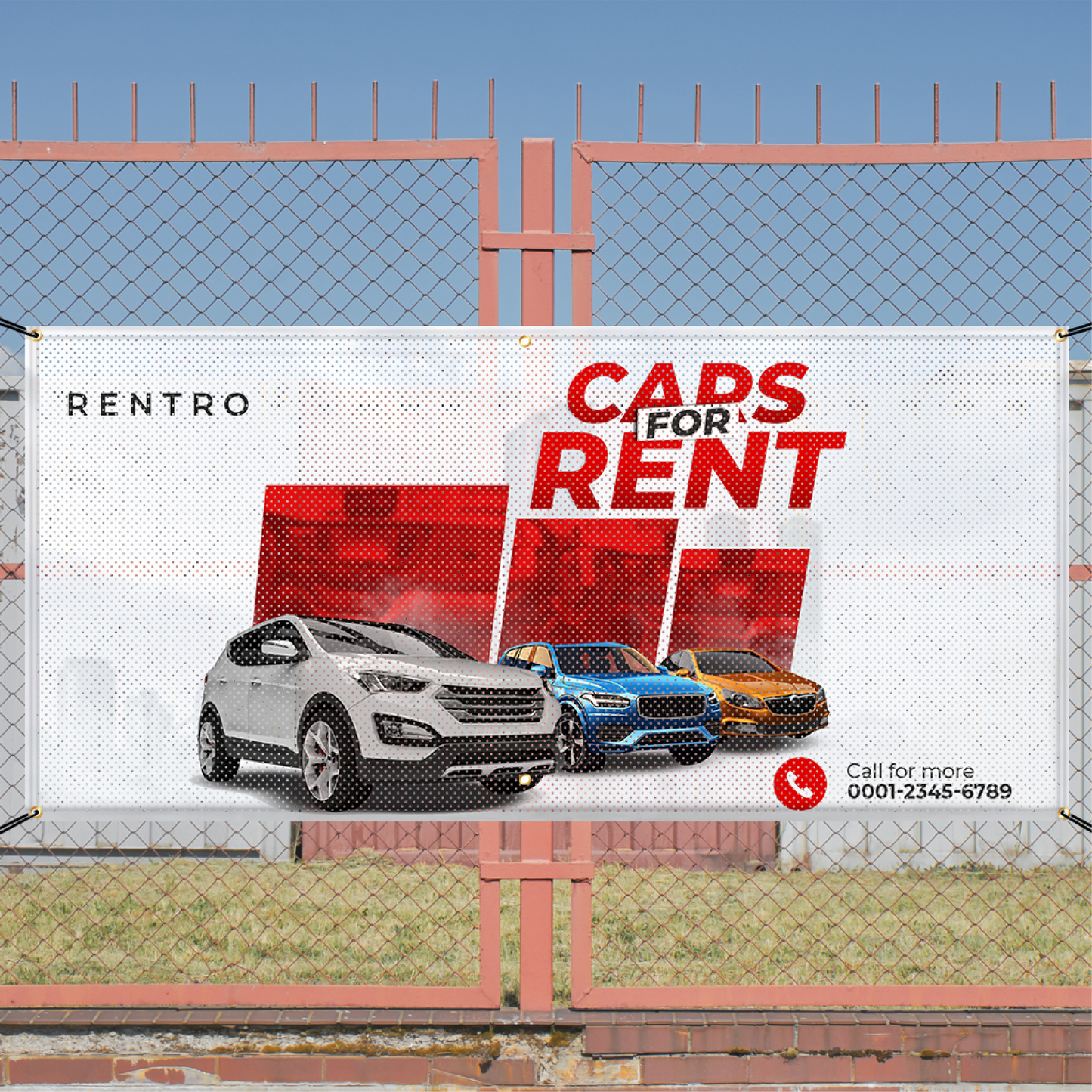 A vibrant red and white "Cars For Rent" advertising mesh banner installed on a chain-link fence.⁠
