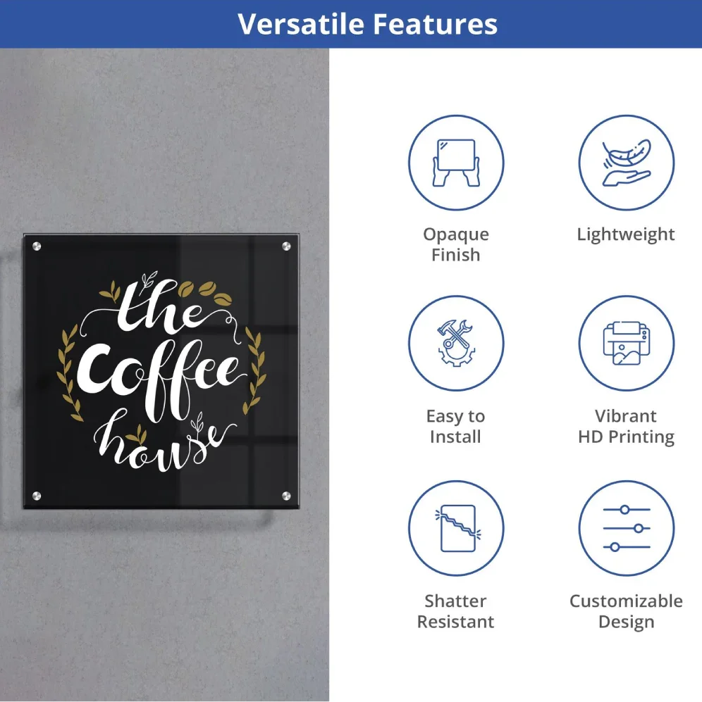 Black acrylic coffee shop sign showing versatile features and mounting.