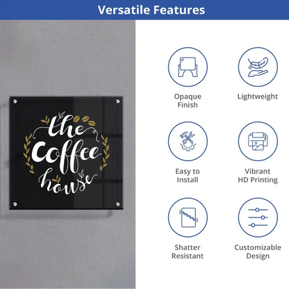 Black acrylic coffee shop sign showing versatile features and mounting.