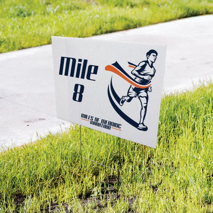 Custom printed mile marker sign made of durable corrugated plastic for outdoor racing events.