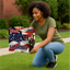 A woman kneeling on a front lawn to insert a metal wire H-stake into a custom printed political yard sign.⁠