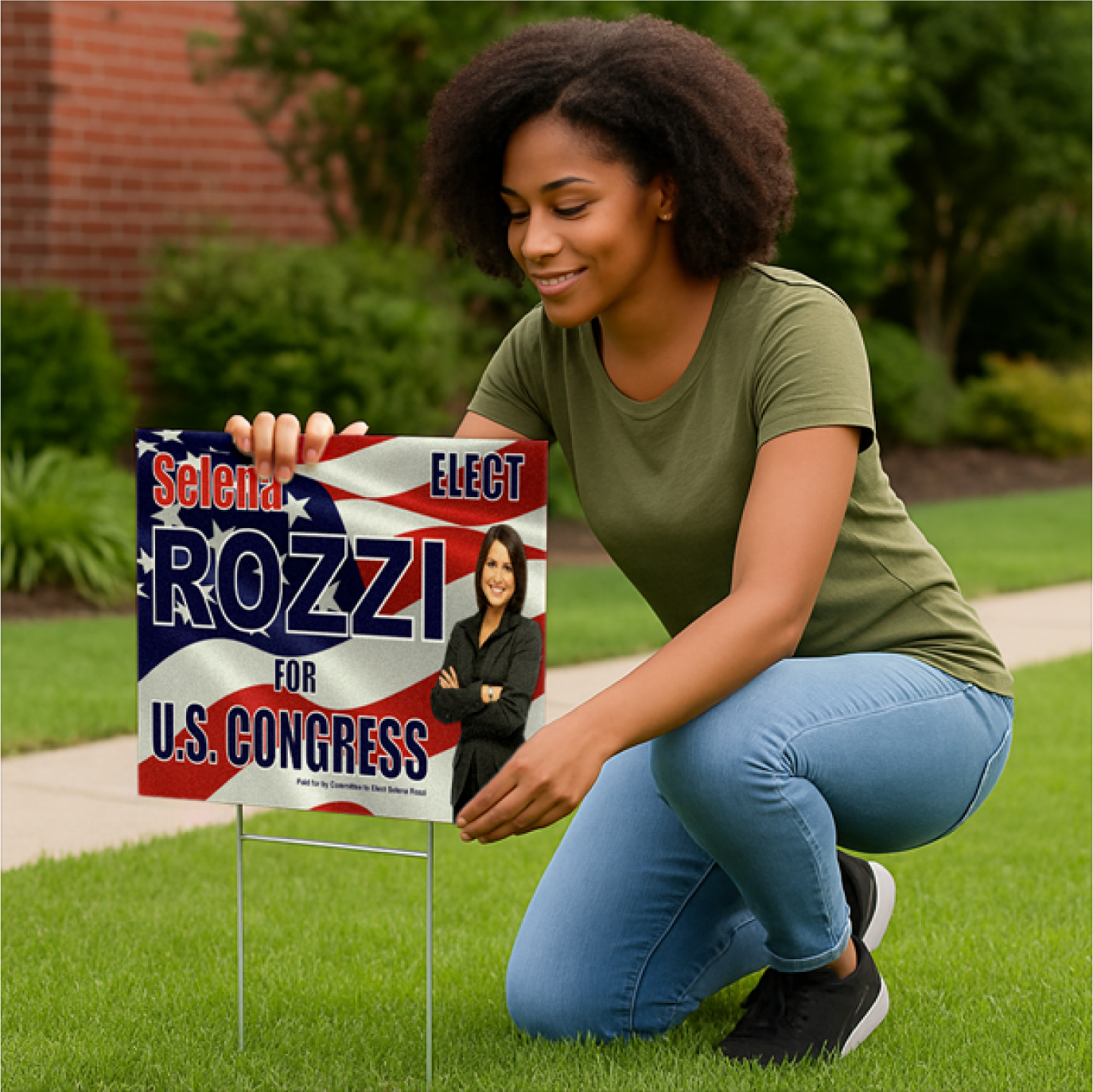A woman kneeling on a front lawn to insert a metal wire H-stake into a custom printed political yard sign.⁠