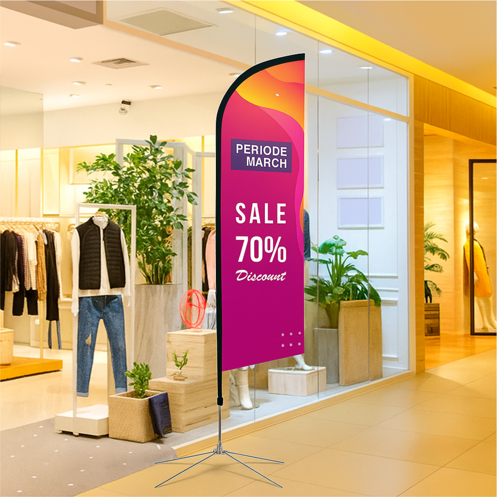 Custom pink advertising feather flag for retail store sales and indoor business promotion.