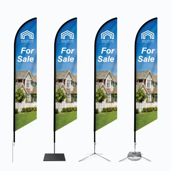 Professional advertising flag mounting hardware including ground stakes and cross bases with water bags.