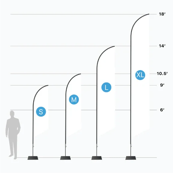 Size chart showing custom advertising feather flag heights from 8 feet to 15 feet tall.