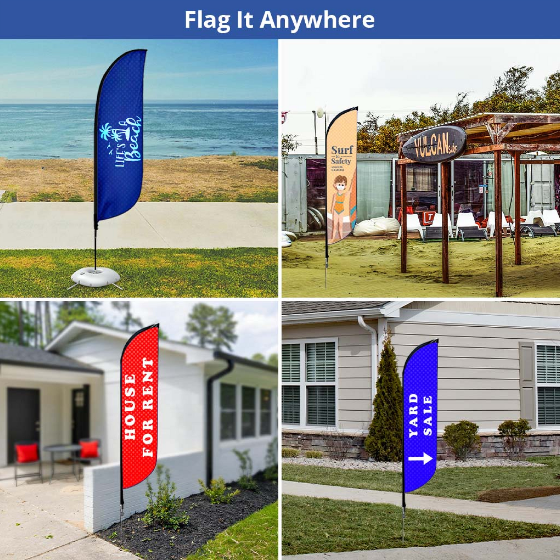 A four-panel photo collage displaying various custom feather flags used at a beach, an event, a real estate office, and a residential lawn.