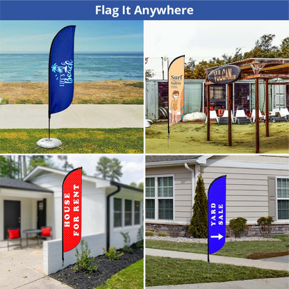 A four-panel photo collage displaying various custom feather flags used at a beach, an event, a real estate office, and a residential lawn.