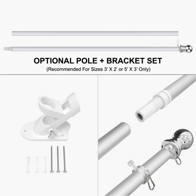 Optional flag pole and bracket hardware kit including adjustable wall mount and silver pole sections.
