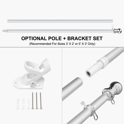 Optional flag pole and bracket hardware kit including adjustable wall mount and silver pole sections.