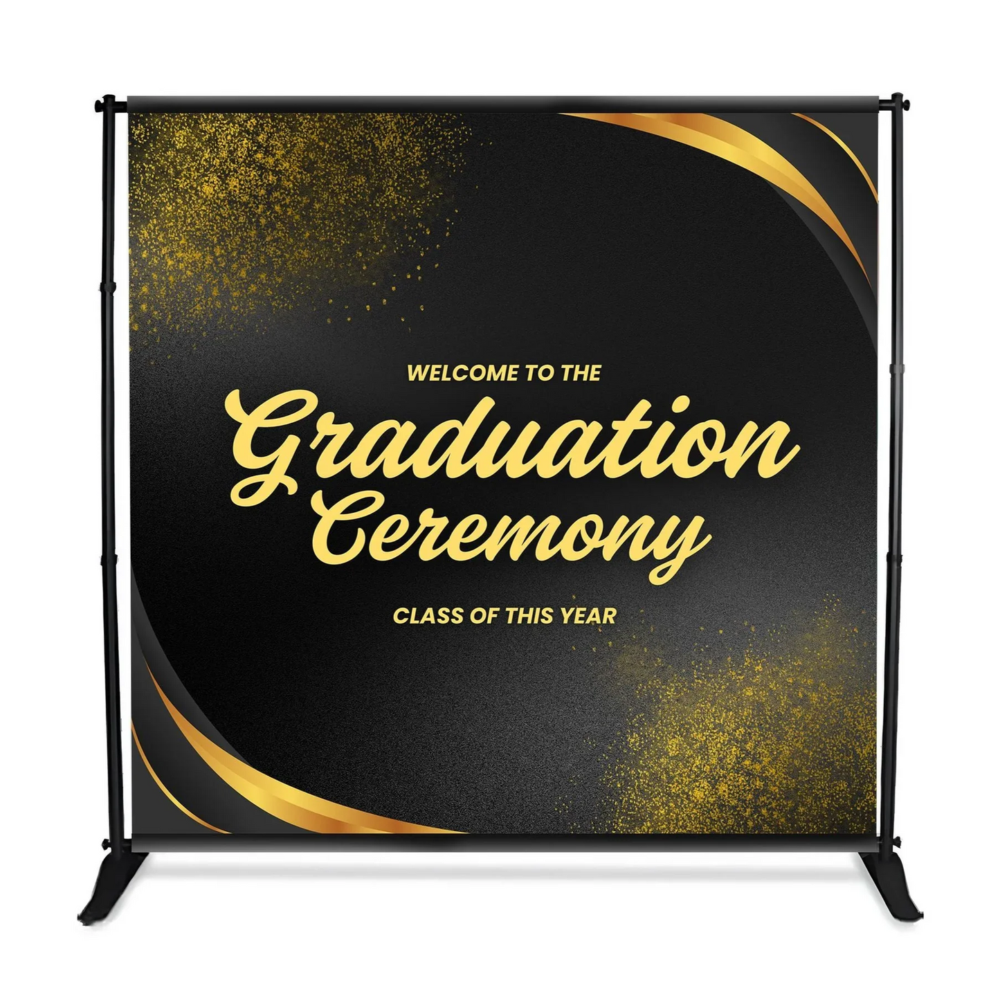 Graduation ceremony backdrop with gold text on a black background