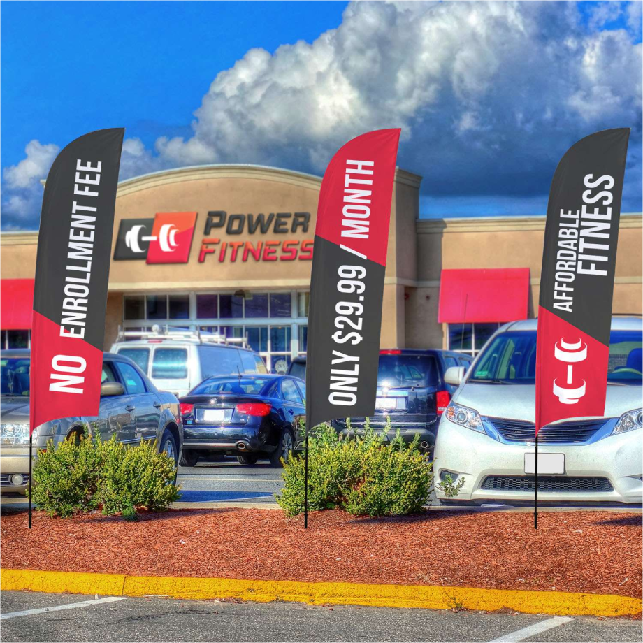 Custom red and black advertising feather flags for gym enrollment and fitness center promotion.