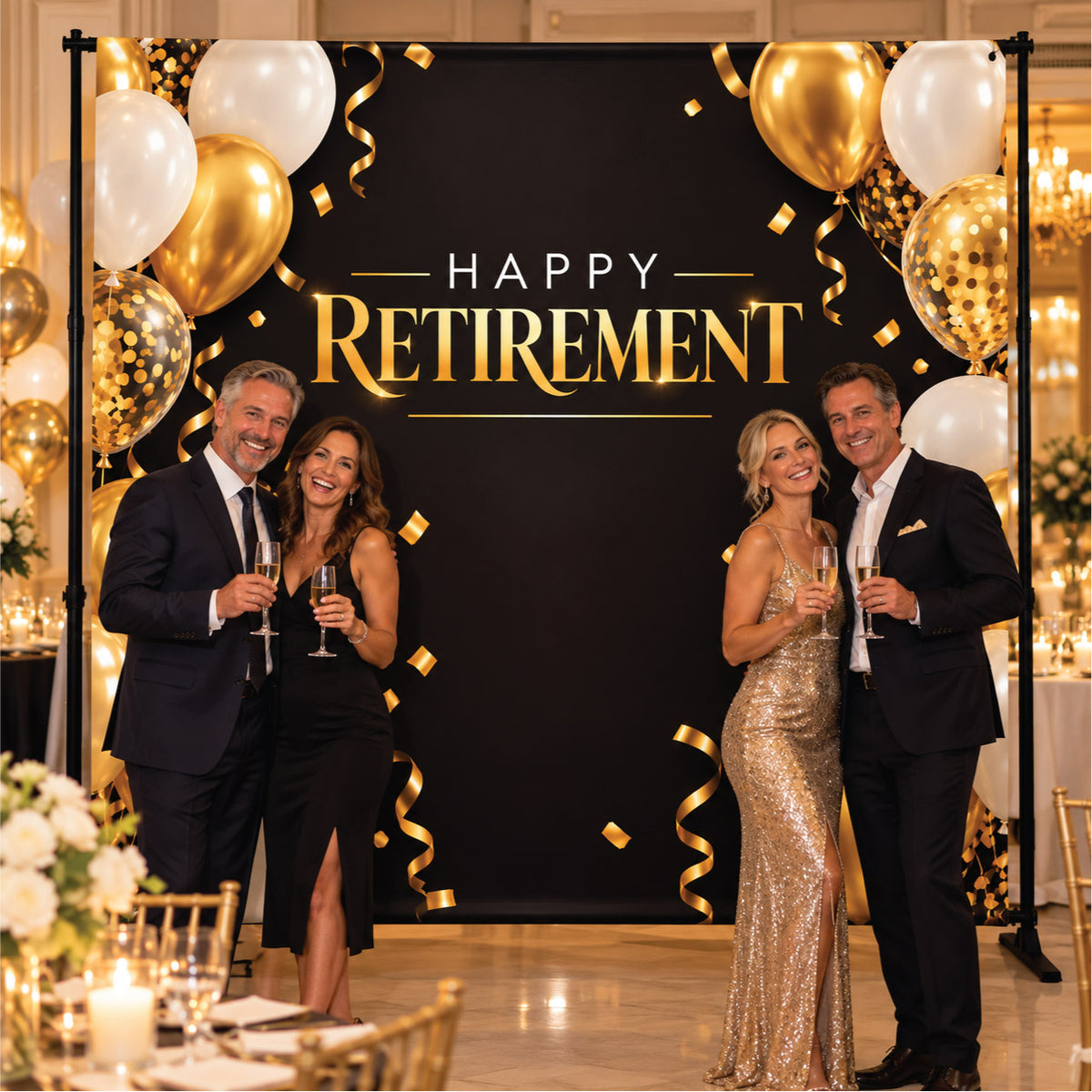 Two smiling couples celebrating in formal attire in front of a black and gold "Happy Retirement" step and repeat backdrop banner adorned with balloons.