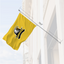 Custom yellow business flag showing 74.5 inch pole length for outdoor wall mounting.