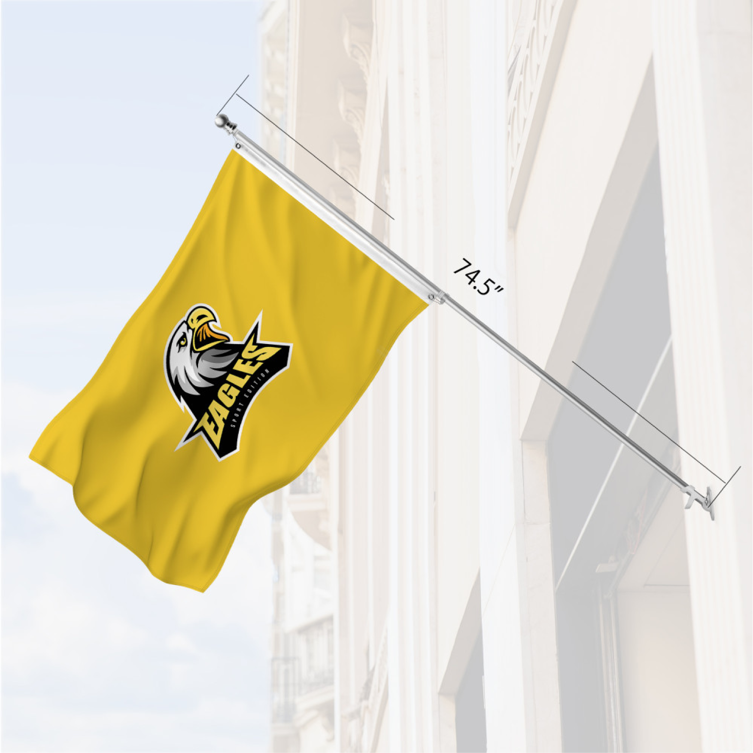 Custom yellow business flag showing 74.5 inch pole length for outdoor wall mounting.