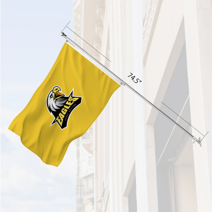 Custom yellow business flag showing 74.5 inch pole length for outdoor wall mounting.