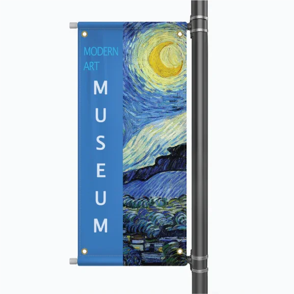 Graphic mockup of a blue museum advertisement light pole banner utilizing a Starry Night art background.