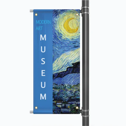 Graphic mockup of a blue museum advertisement light pole banner utilizing a Starry Night art background.