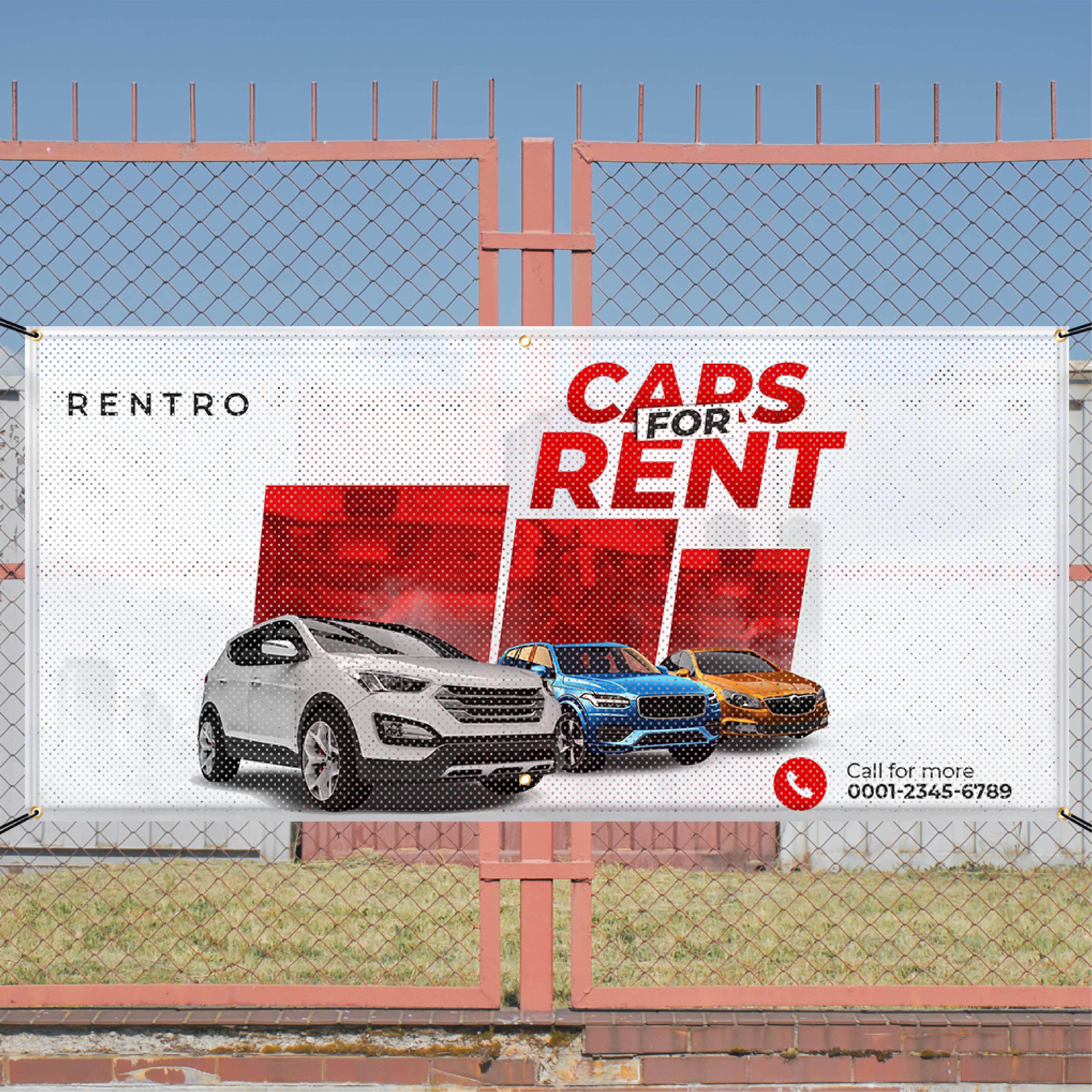 Custom outdoor mesh fence banner for Rentro reading Cars For Rent with an image of three luxury SUVs and a phone number contact placeholder.
