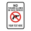 Custom No Firearms Allowed sign template featuring a bold red prohibition graphic over a firearm, paired with customizable text blocks for legal notice or facility guidelines.