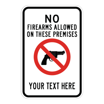 Custom No Firearms Allowed sign template featuring a bold red prohibition graphic over a firearm, paired with customizable text blocks for legal notice or facility guidelines.