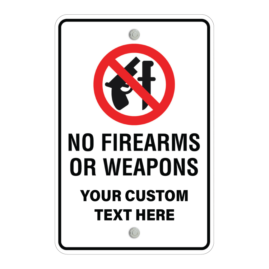 Custom No Firearms or Weapons sign template featuring a bold red prohibition icon over a gun and knife graphic, paired with a fully customizable text block at the bottom.