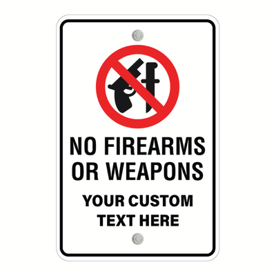 Custom No Firearms or Weapons sign template featuring a bold red prohibition icon over a gun and knife graphic, paired with a fully customizable text block at the bottom.