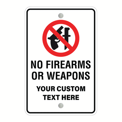 Custom No Firearms or Weapons sign template featuring a bold red prohibition icon over a gun and knife graphic, paired with a fully customizable text block at the bottom.