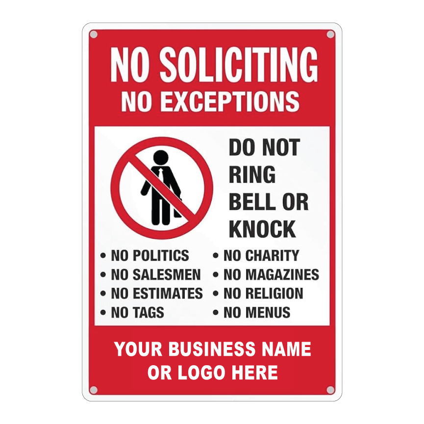 Custom No Soliciting sign template featuring a bold red header reading "NO SOLICITING", a do not knock icon, and a customizable text block at the bottom for business names or logos.