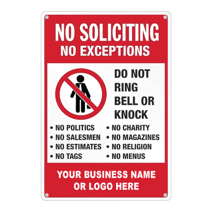 Custom No Soliciting sign template featuring a bold red header reading "NO SOLICITING", a do not knock icon, and a customizable text block at the bottom for business names or logos.