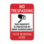 A customizable red and white 'No Trespassing' security sign with a black video camera icon and placeholder text 'YOUR WORDING HERE'.