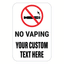 Custom vertical facility sign featuring a red prohibition circle with a black e-cigarette silhouette icon and a lightning bolt symbol, over bold text reading No Vaping Your Custom Text Here.