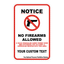 Custom Notice No Firearms Allowed sign template featuring a red border, a gun prohibition graphic, and explicit text stating that concealed carry permits are not authorized in the area, with customizable text lines at the bottom.