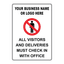 Custom Notice sign template featuring a black header block for custom business names or logos, a central checkmark icon, and bold text reading "ALL VISITORS AND DELIVERIES MUST CHECK IN WITH OFFICE".