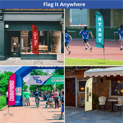 Examples of custom advertising feather flags used at storefronts, events, and outdoor venues.