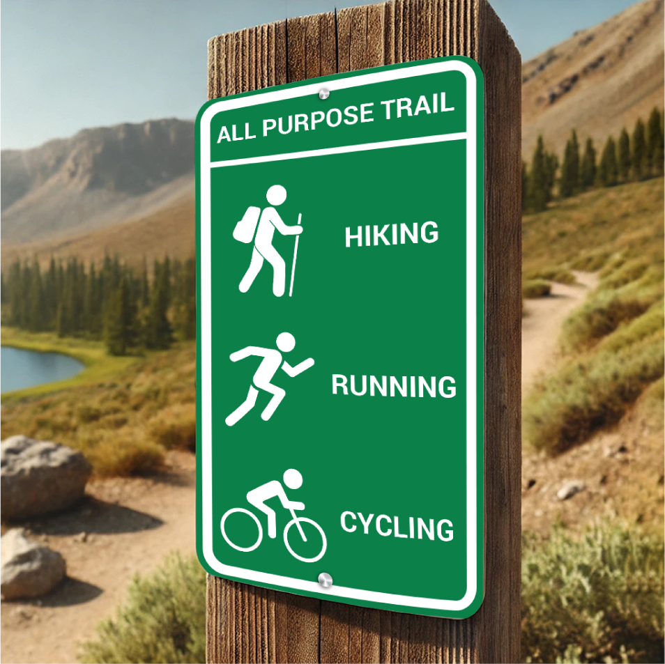 Green aluminum all-purpose trail sign for hiking, running, and cycling mounted on a wooden post in a park.