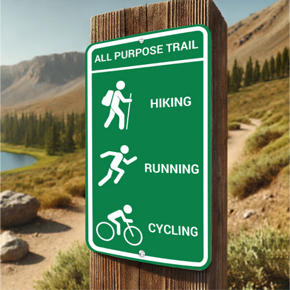 Green aluminum all-purpose trail sign for hiking, running, and cycling mounted on a wooden post in a park.