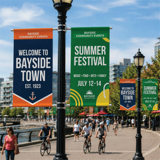 Custom outdoor boulevard pole banners for Bayside Town mounted on a black street lamppost, featuring a blue welcome banner with an anchor graphic and a green and yellow Summer Festival banner.