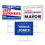 A promotional layout displaying three different custom political campaign yard sign design variations for local elections.