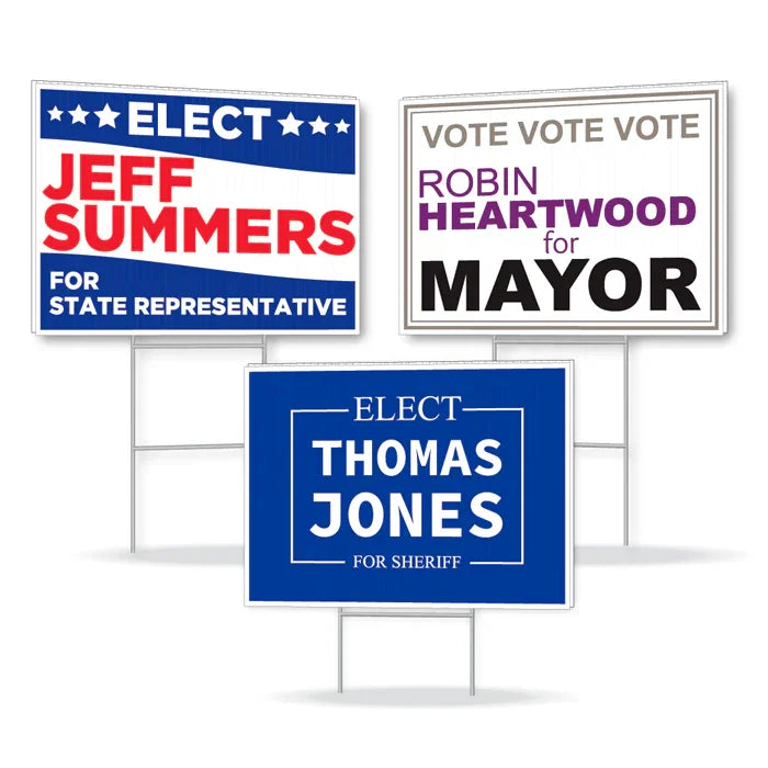 A promotional layout displaying three different custom political campaign yard sign design variations for local elections.