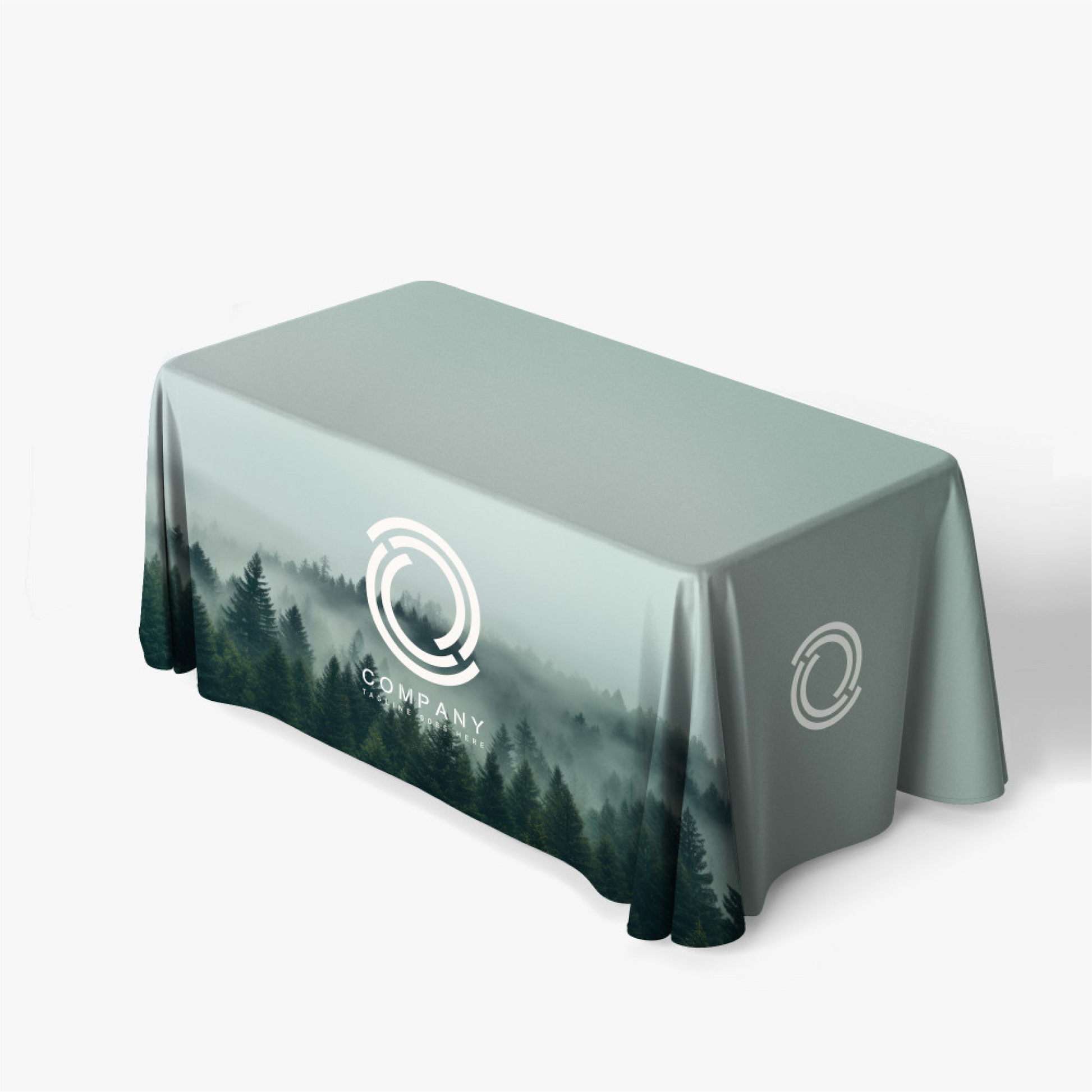 Full color custom printed 4-foot table throw featuring a high-resolution landscape forest design.