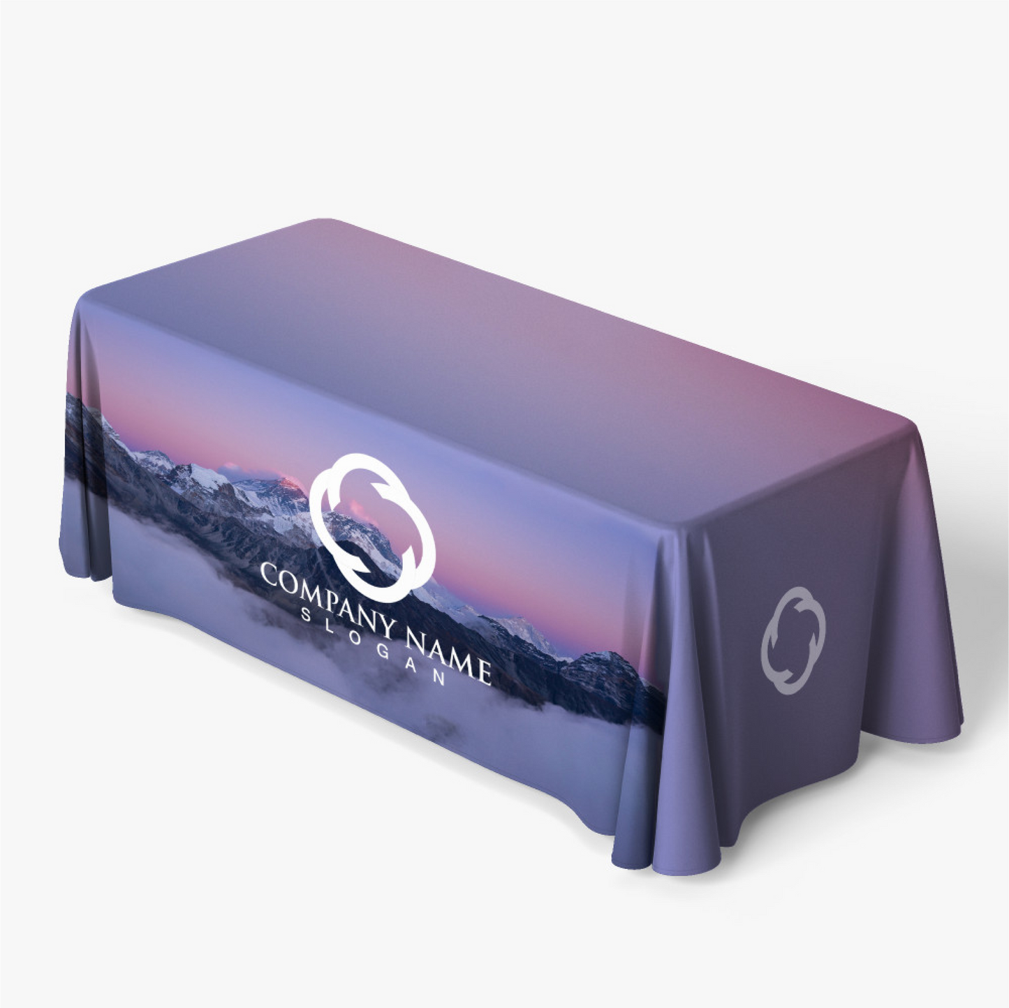 Full color dye-sublimated 6-foot table throw with vibrant landscape graphic and custom logo.