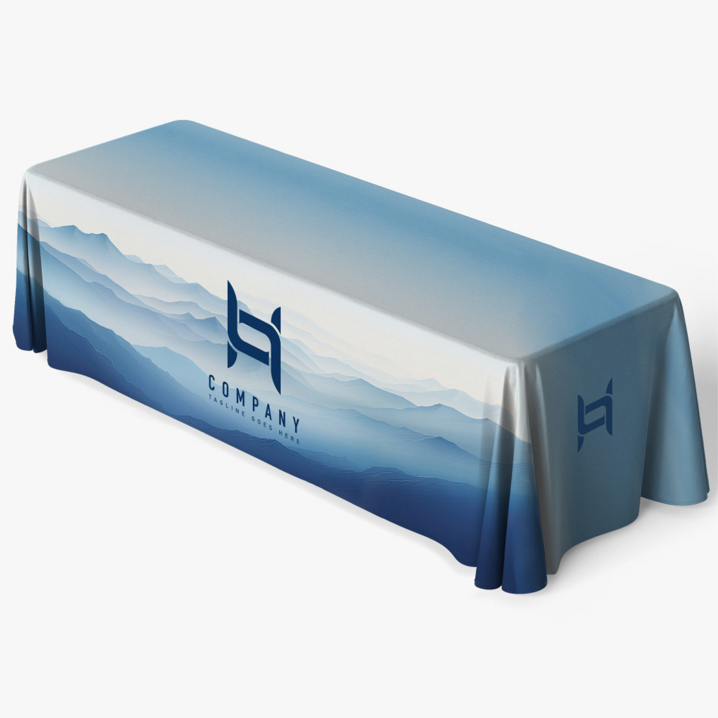 High-resolution blue gradient 8-foot custom table cloth with full bleed dye-sublimation printing.
